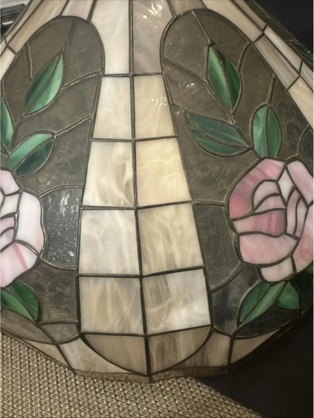 Vintage Tiffany Style 21”  Leaded Glass Hanging Ceiling Chandelier With Lights